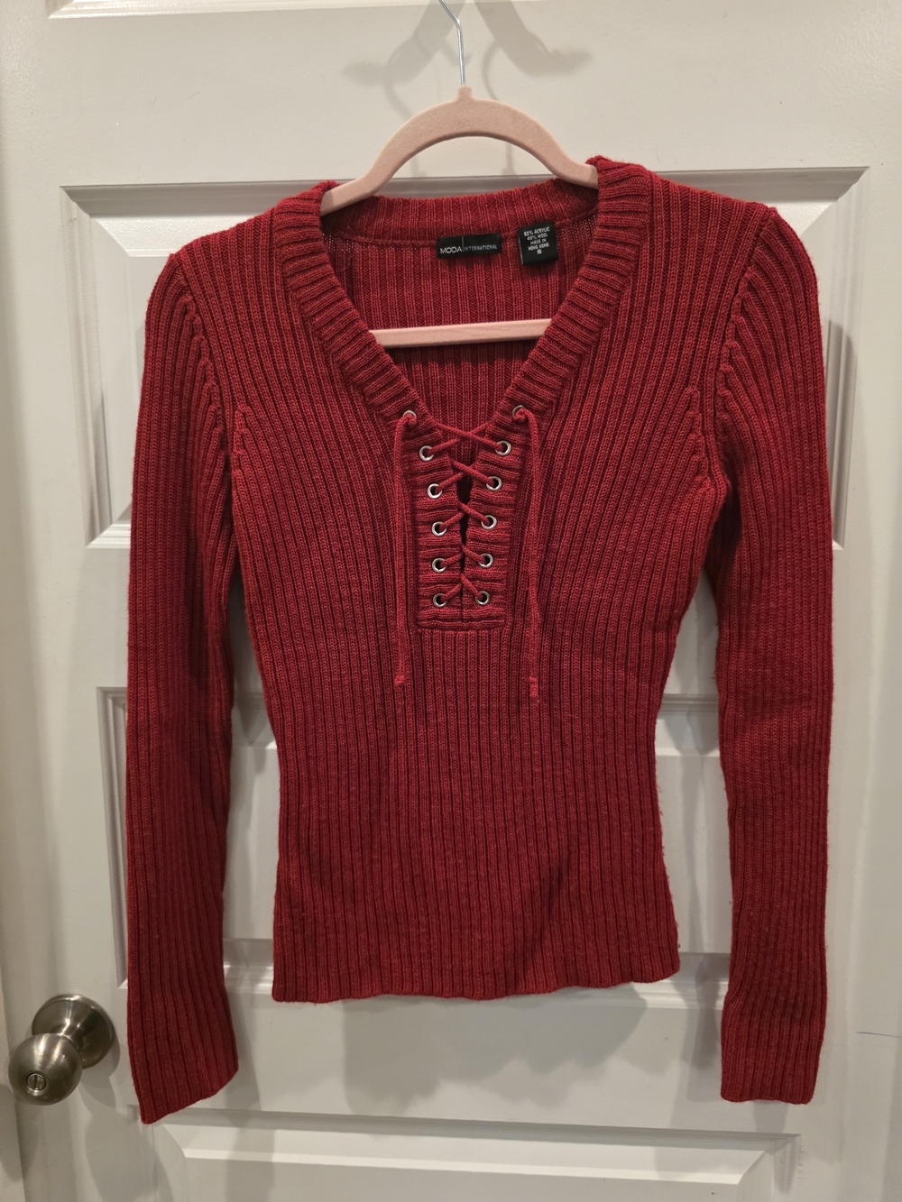 Moda International Red Ribbed Lace-Up V-Neck Sweater Top